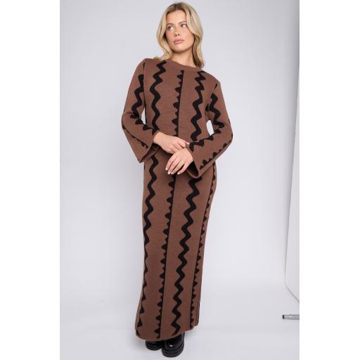 Wave Print Knitted Maxi Length Dress